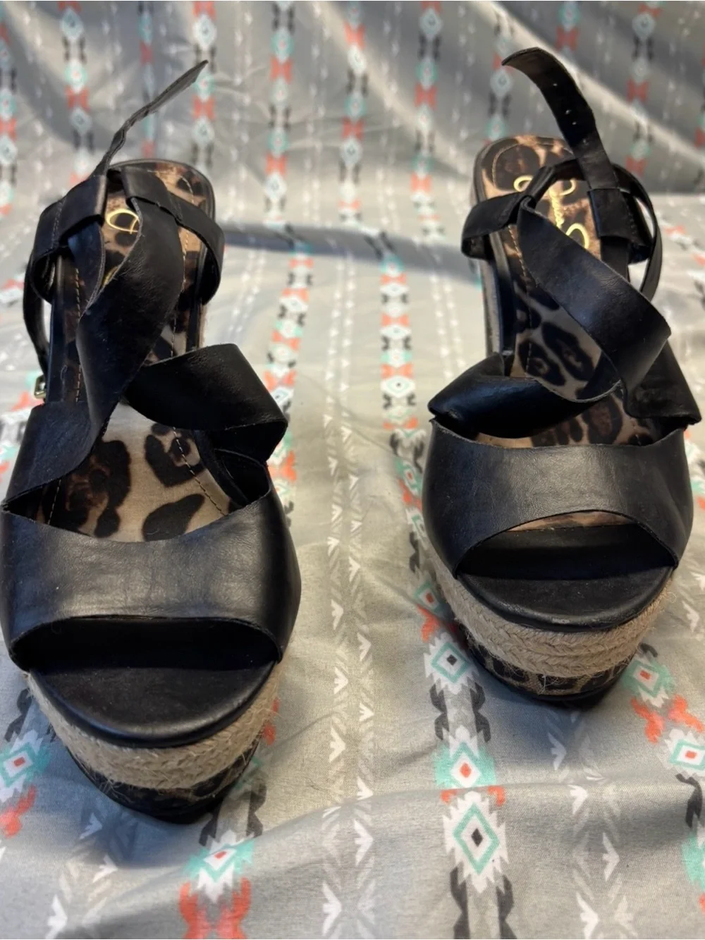 ✴️Jessica Simpson Black Espadrille Wedge Sandals with Leopard Insole